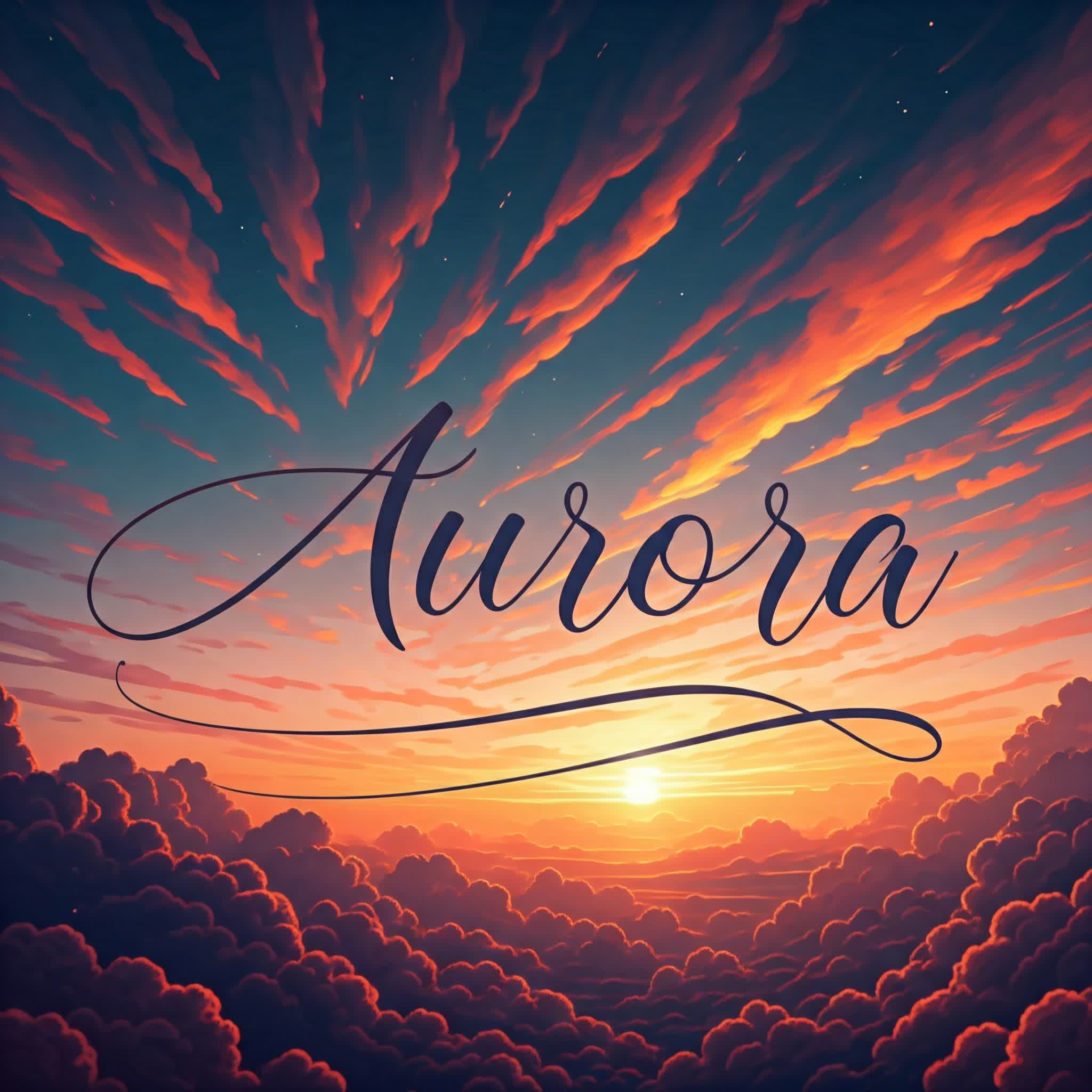 Aurora is cursively written on the sky full of meteors