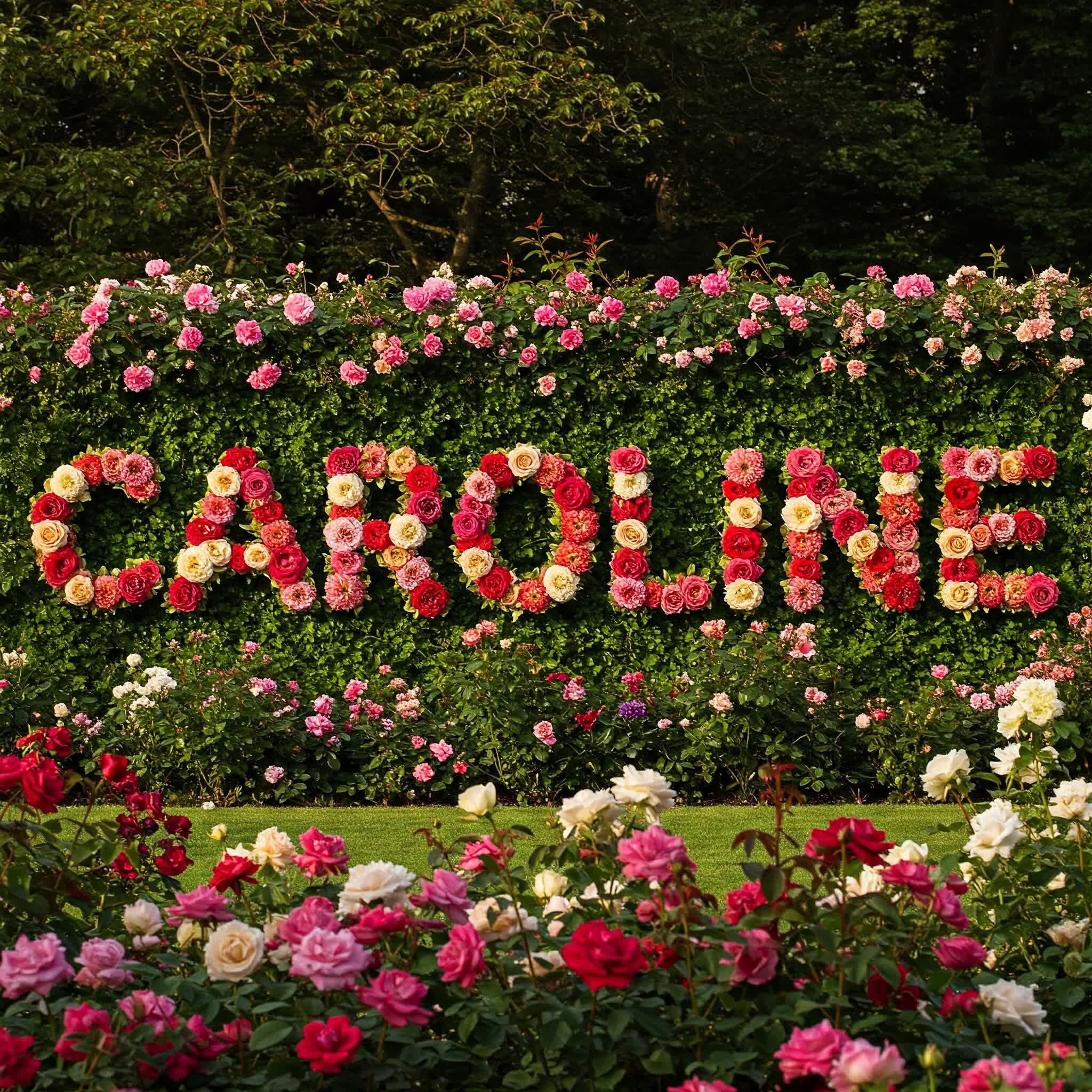 Caroline name is created by flowers and roses to form a beautiful and elegant scene