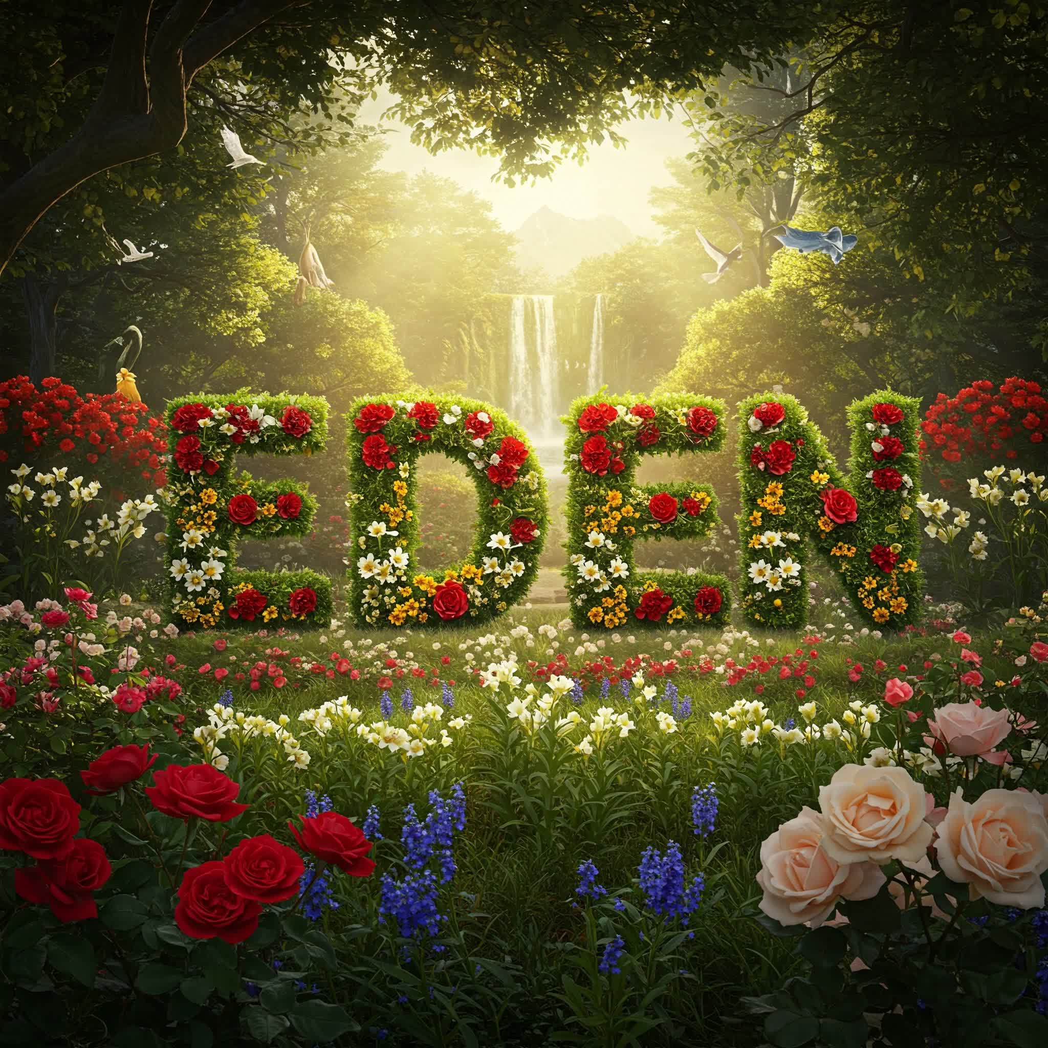 Eden name formed with flowers and roses in the garden of Eden