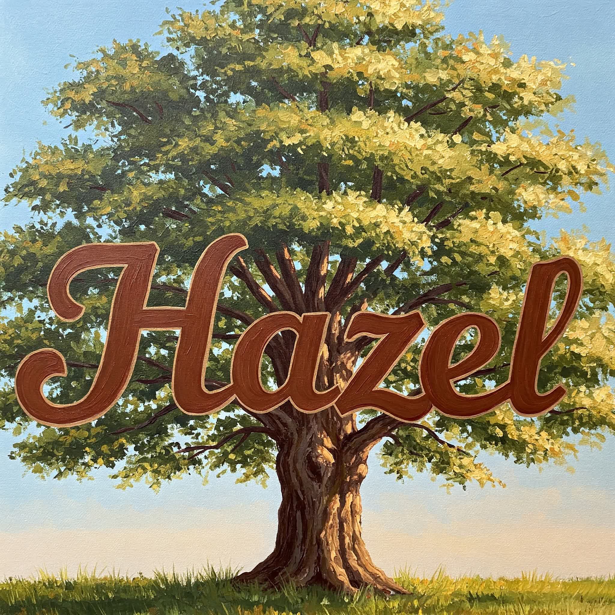 Hazel name is written on top of a painting of a hazel tree