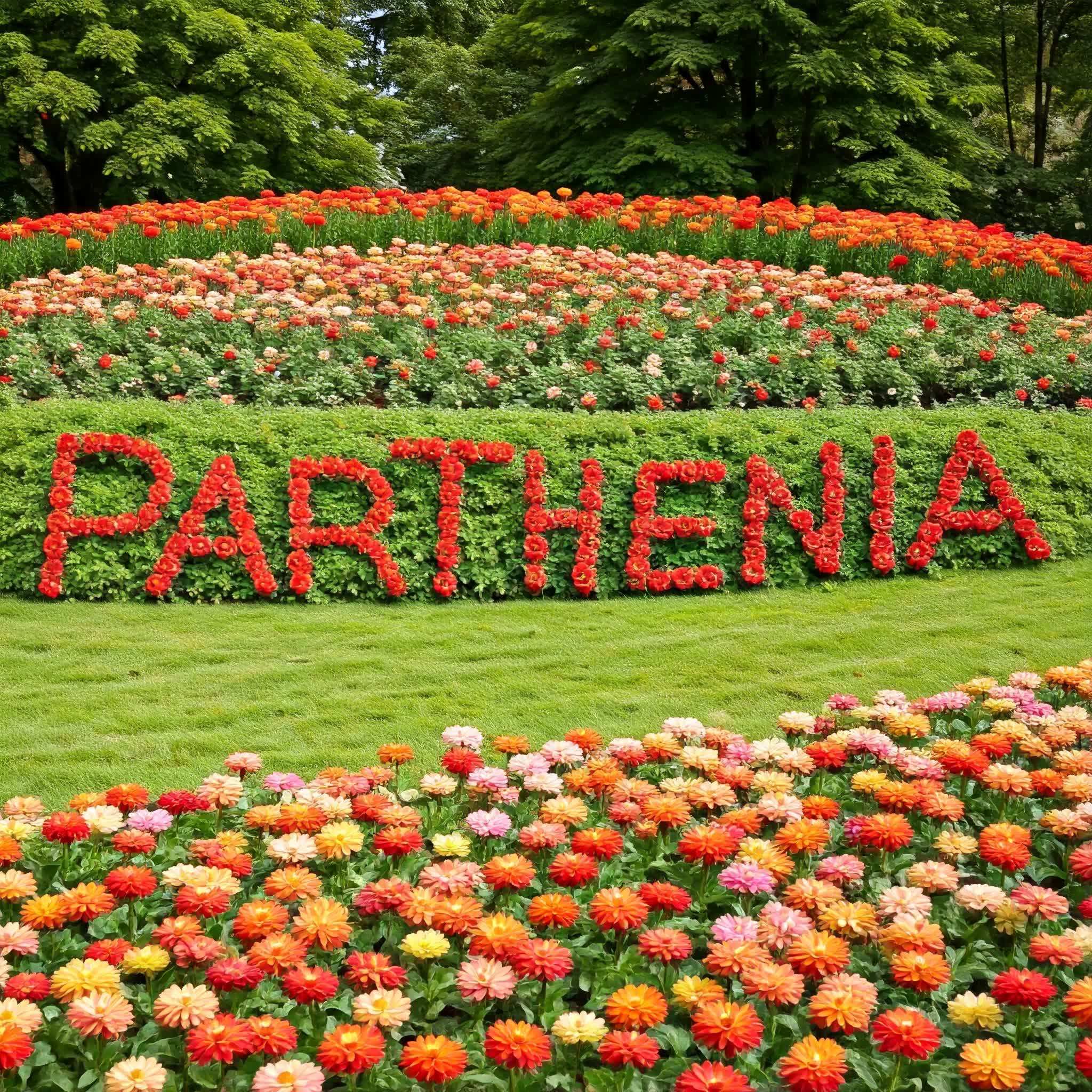 Parthenia written with same colored flowers in a garden