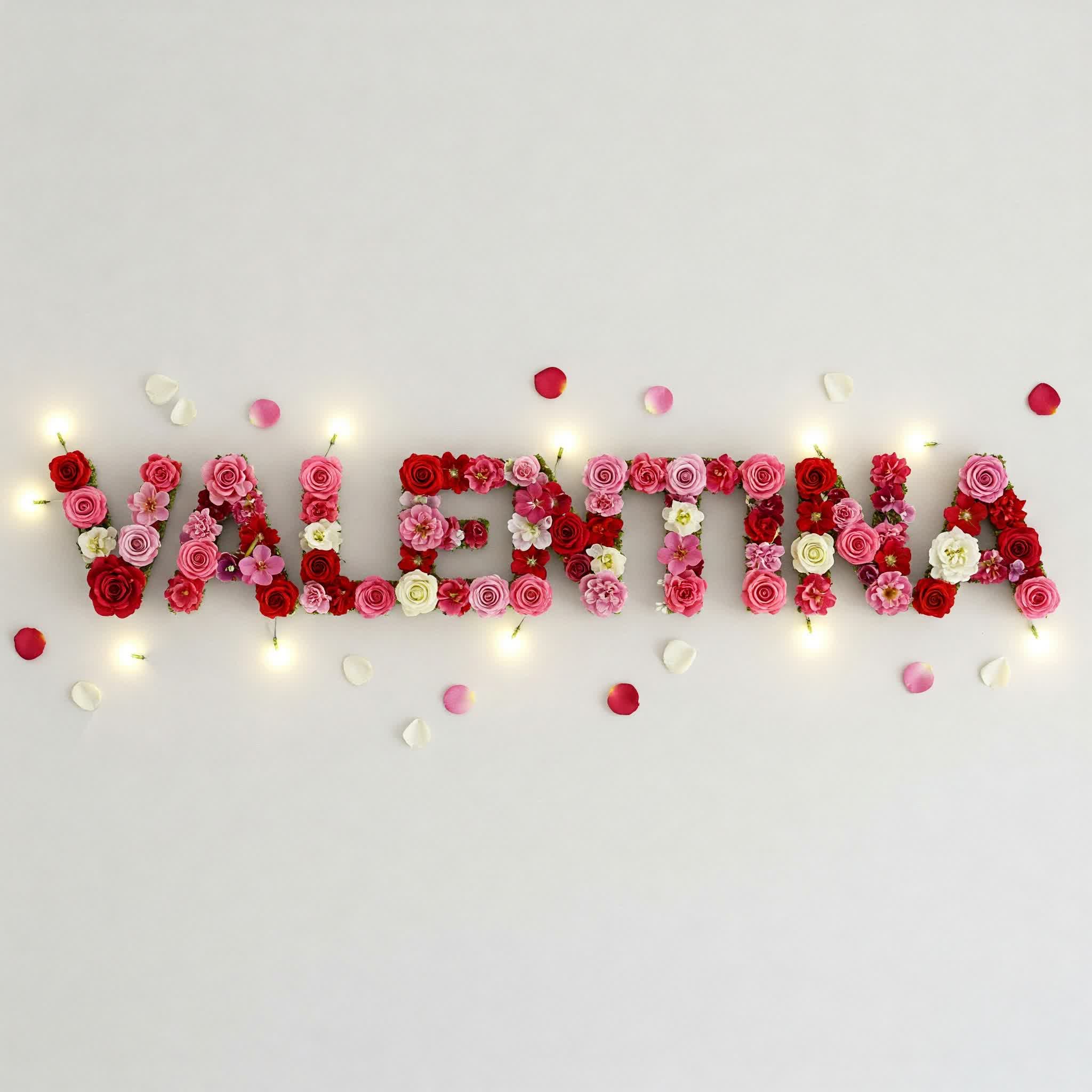 Valentina name is created using red and pink flowers and roses