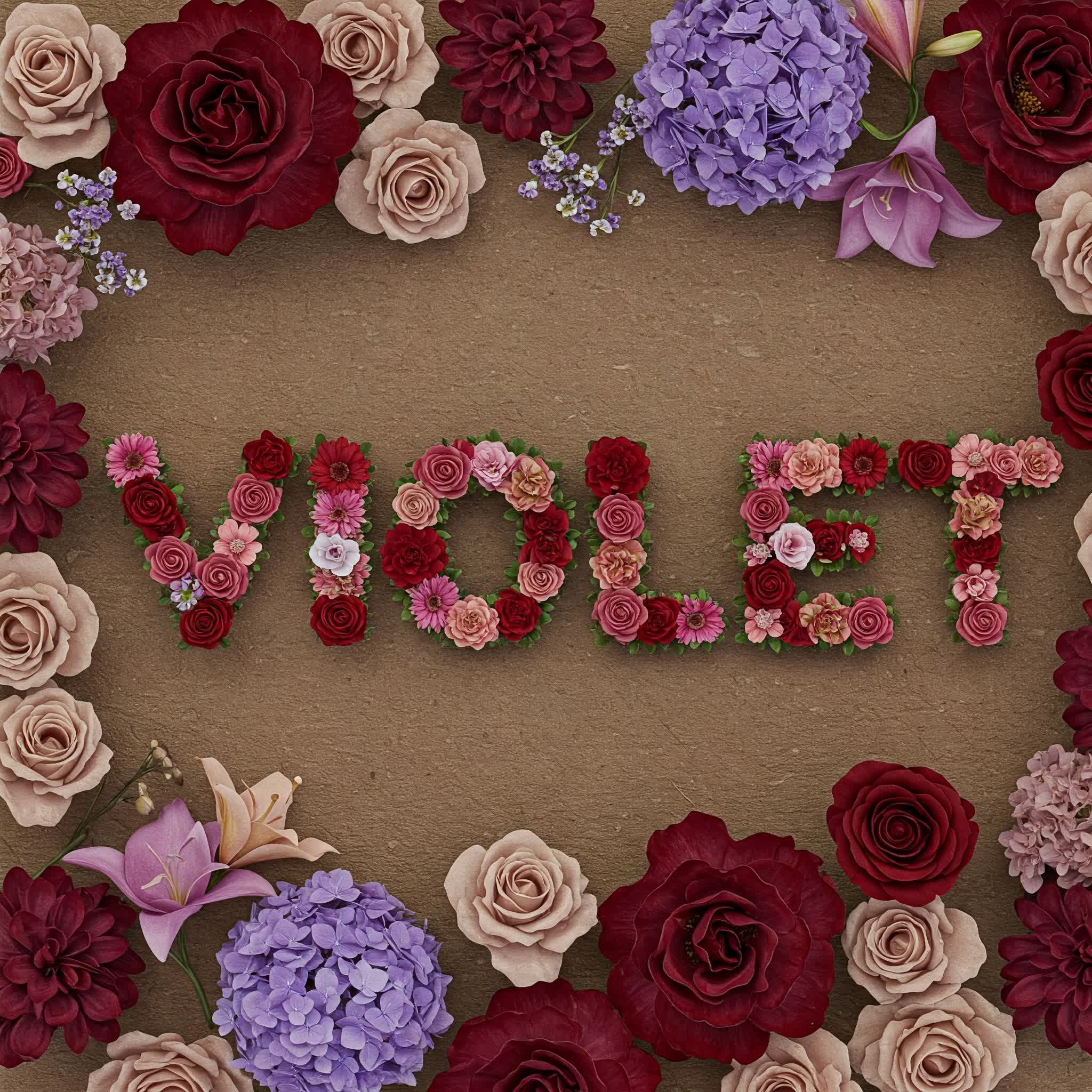 Violet name is written with roses and flowers